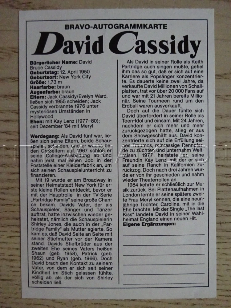 AUTOGRAM CASSIDY DAVID, KARTIČKA BRAVO