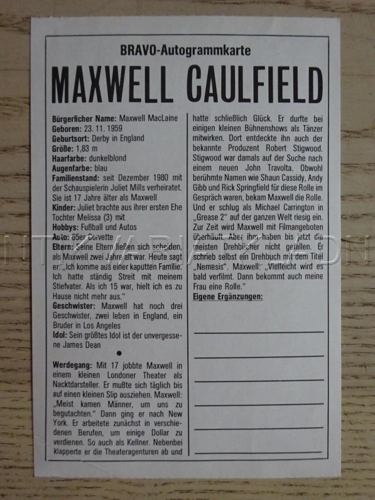 AUTOGRAM CAULFIELD MAXFELD, KARTIČKA BRAVO