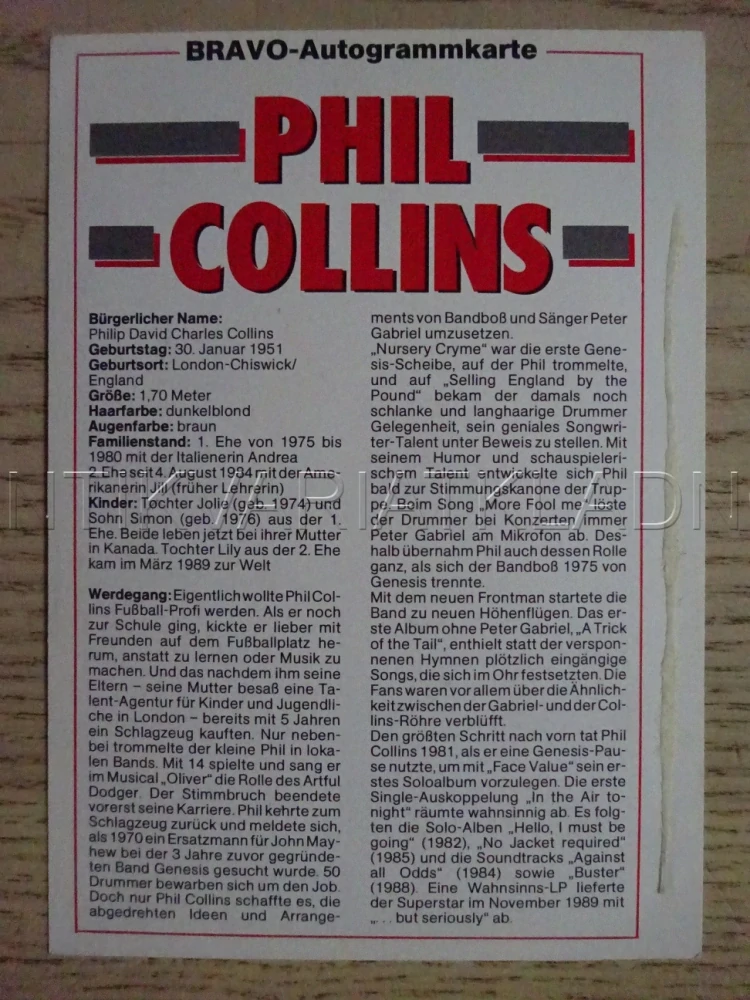 AUTOGRAM COLLINS PHIL, KARTIČKA BRAVO