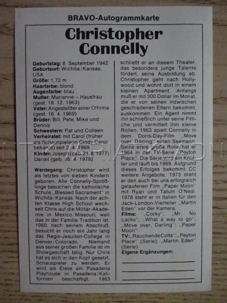 AUTOGRAM CONNELLY CHRISTOPHER, KARTIČKA BRAVO