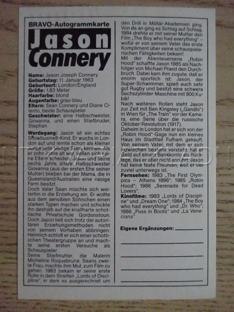 AUTOGRAM CONNERRY JASON, KARTIČKA BRAVO