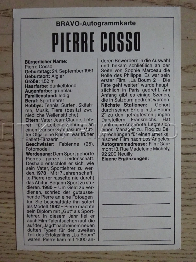 AUTOGRAM COSSO PIERRE, KARTIČKA BRAVO