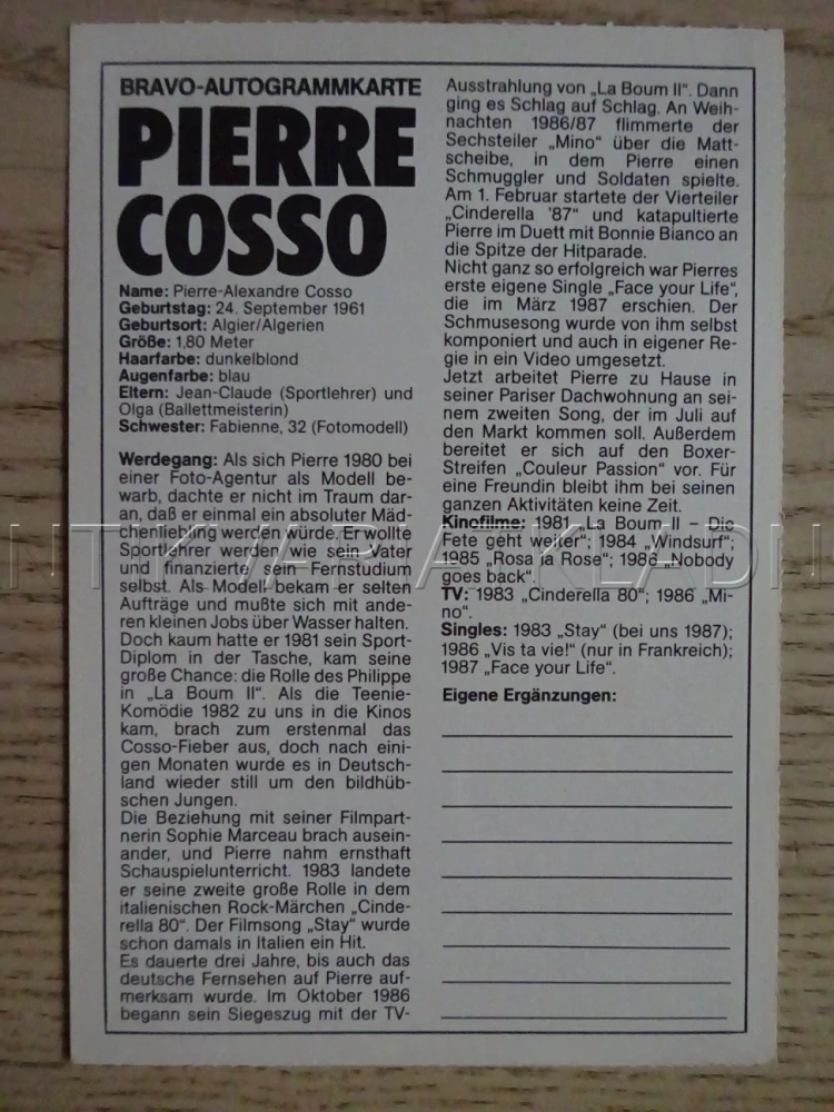 AUTOGRAM COSSO PIERRE, KARTIČKA BRAVO