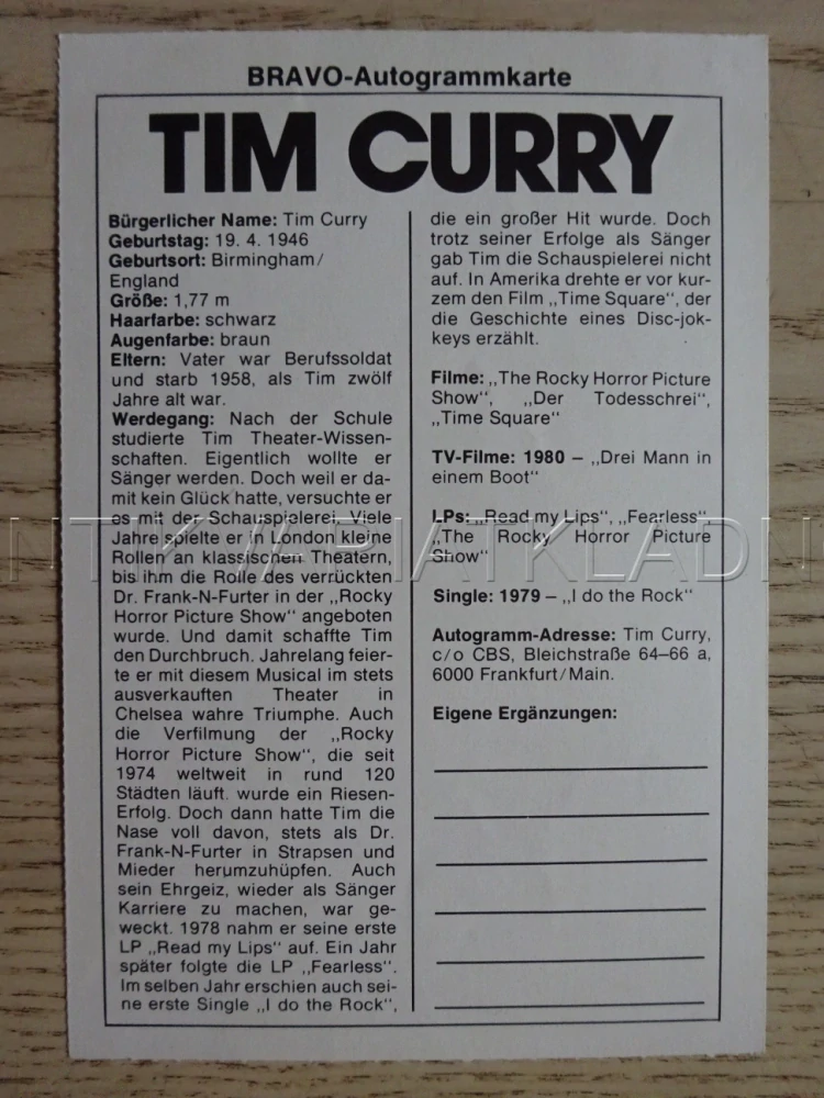 AUTOGRAM CURRY TIM, KARTIČKA BRAVO