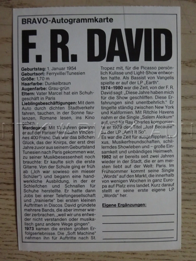 AUTOGRAM DAVID F. R., KARTIČKA BRAVO