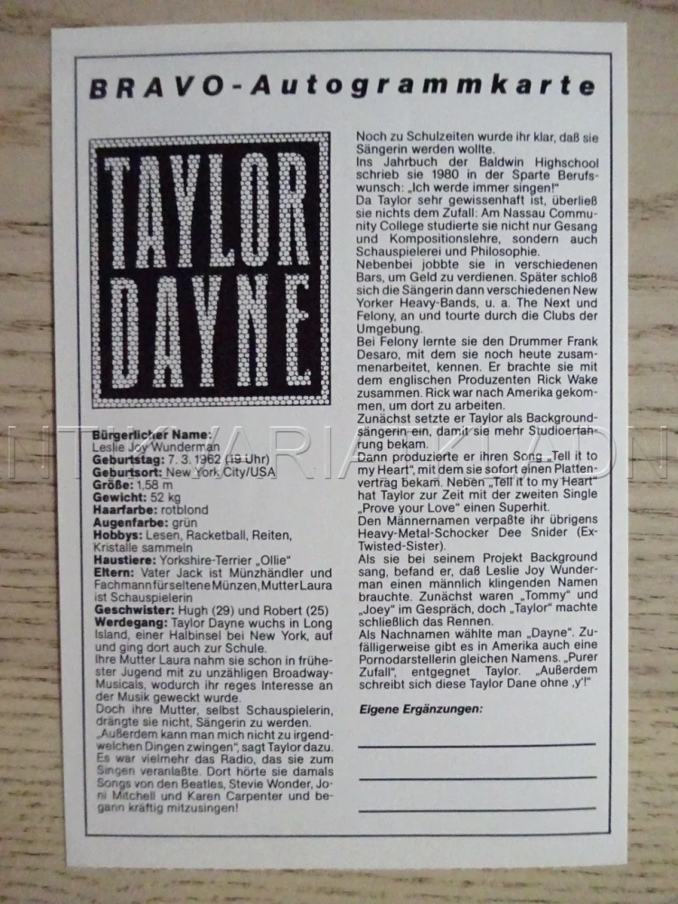 AUTOGRAM DAYNE TAYLOR, KARTIČKA BRAVO