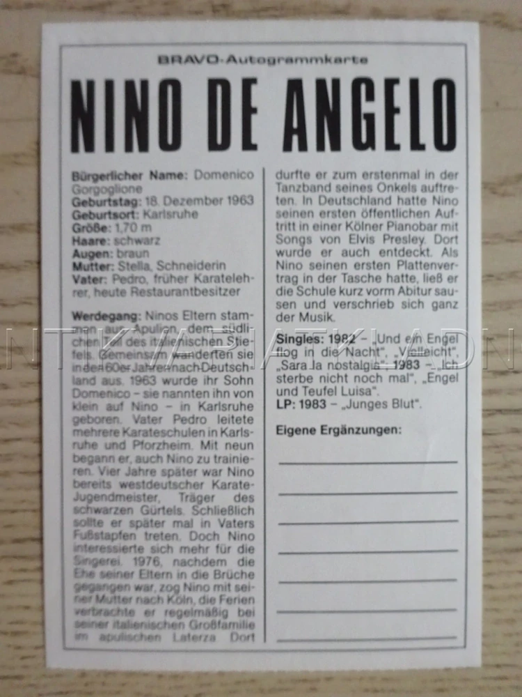 AUTOGRAM ANGELO DE NINO, KARTIČKA BRAVO