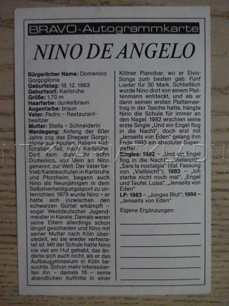 AUTOGRAM ANGELO DE NINO, KARTIČKA BRAVO