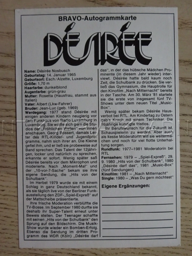 AUTOGRAM DÉSIRÉE, KARTIČKA BRAVO