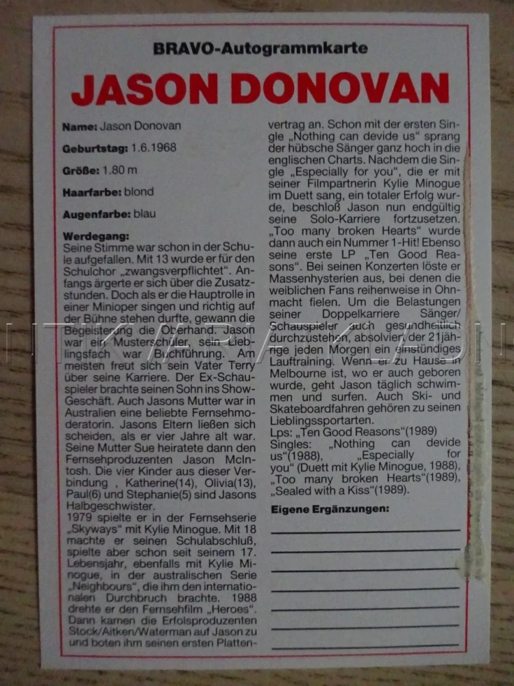 AUTOGRAM DONOVAN JASON, KARTIČKA BRAVO
