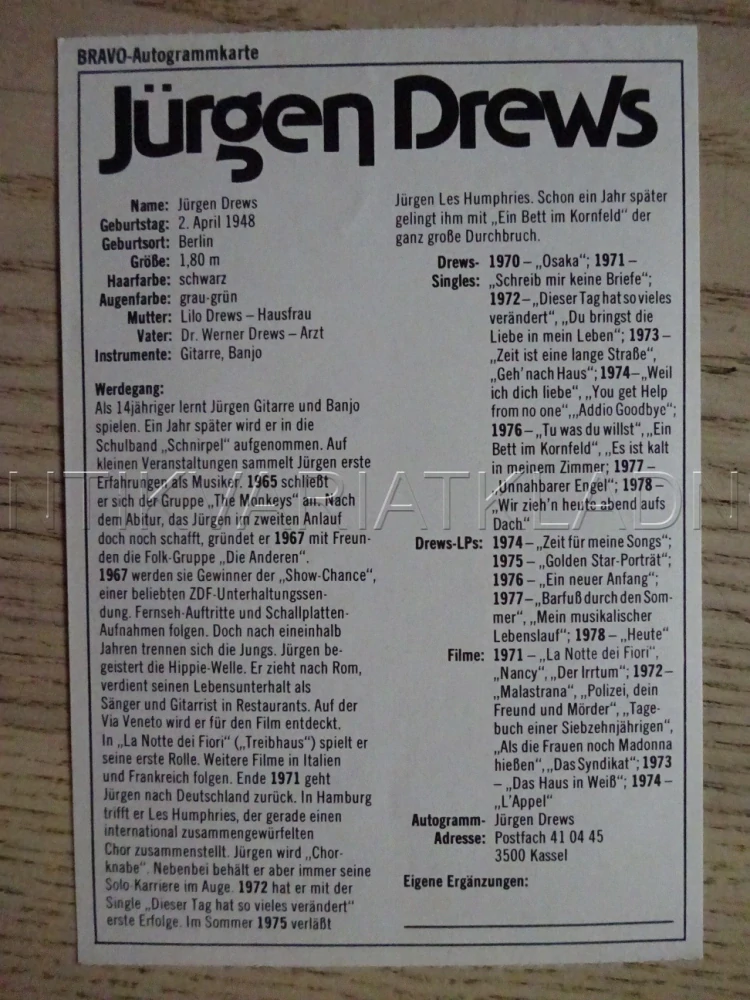 AUTOGRAM DREWS JÜRGEN, KARTIČKA BRAVO