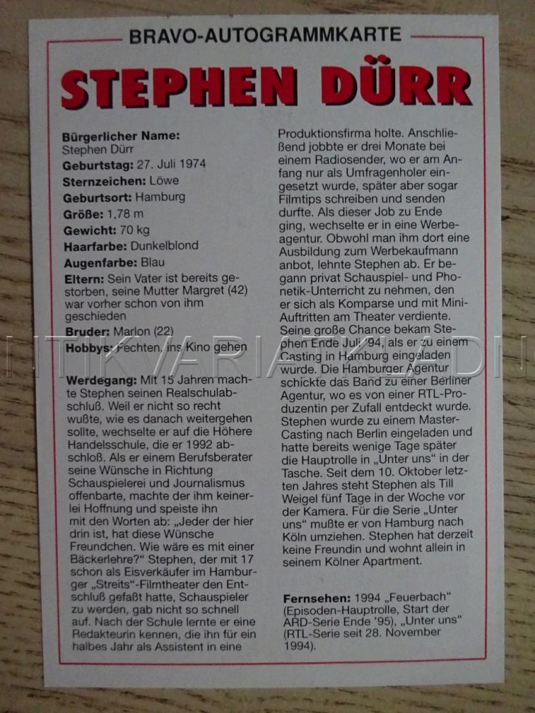 AUTOGRAM DÜRR STEPHEN, KARTIČKA BRAVO