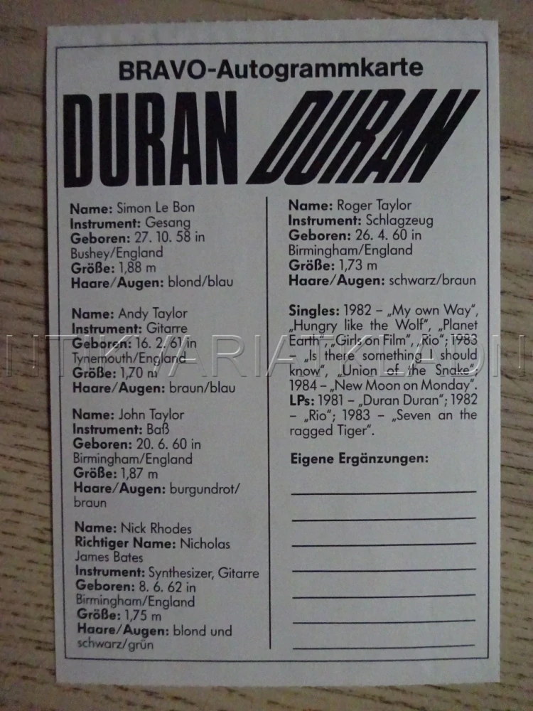 AUTOGRAM DURAN DURAN, KARTIČKA BRAVO