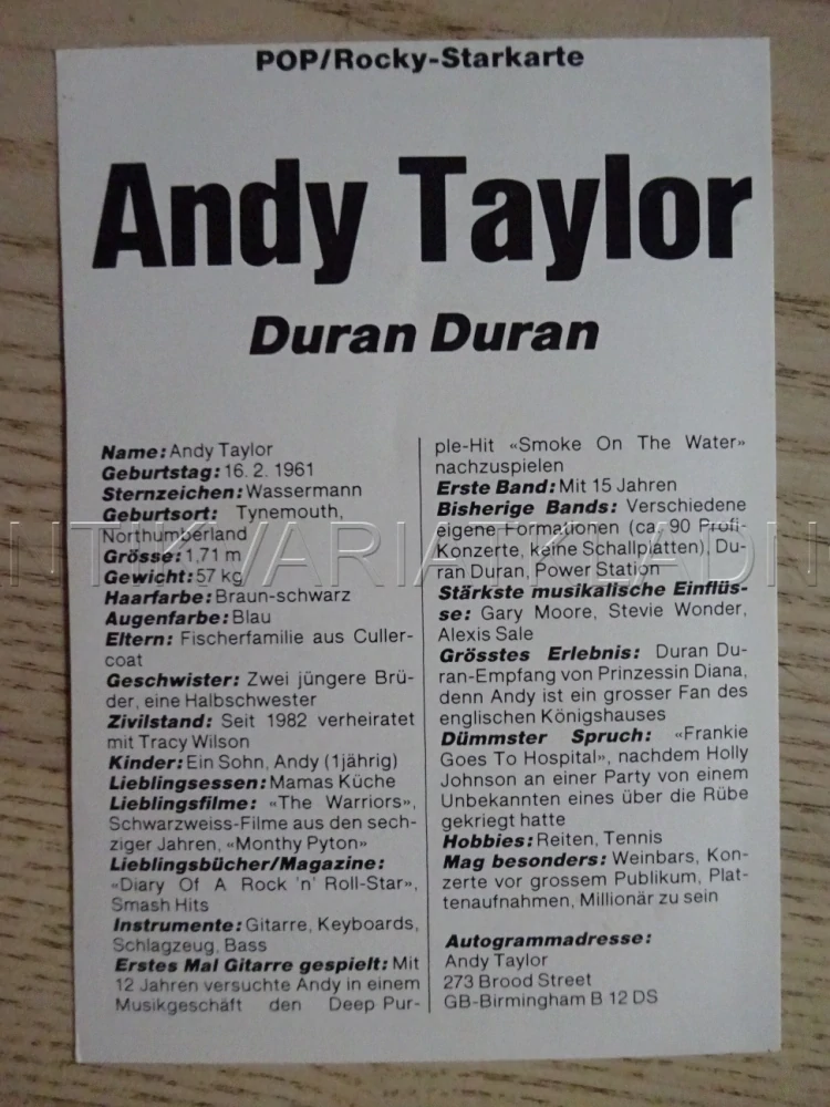 AUTOGRAM TAYLOR ANDY, DURAN DURAN, KARTIČKA BRAVO