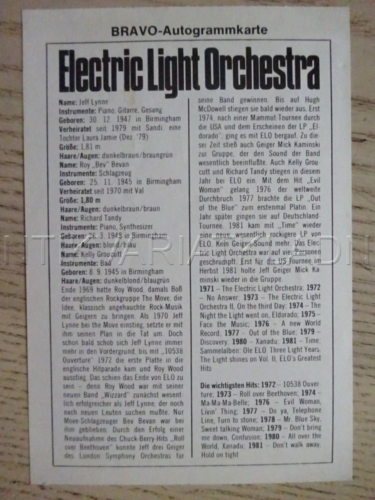 AUTOGRAM ELECTRIC LIGHT ORCHESTRA, KARTIČKA BRAVO