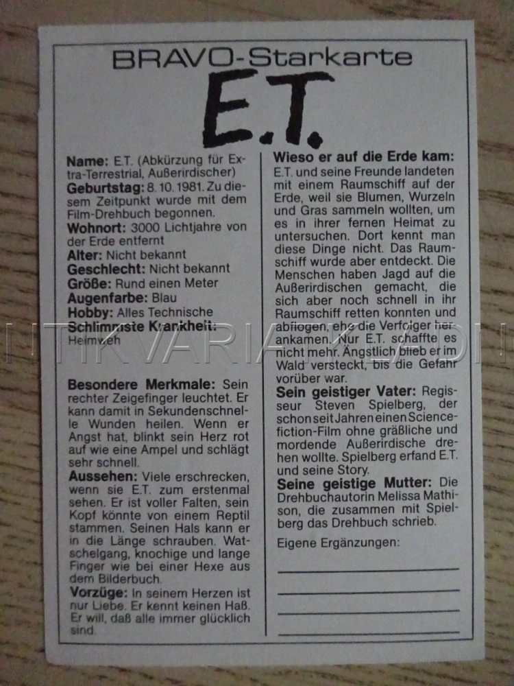 E.T., KARTIČKA BRAVO