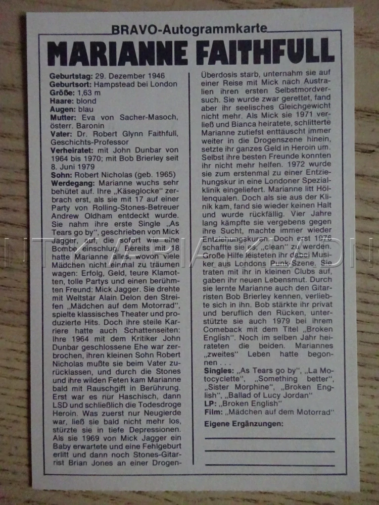 AUTOGRAM FAITHFULL MARIANNE, KARTIČKA BRAVO