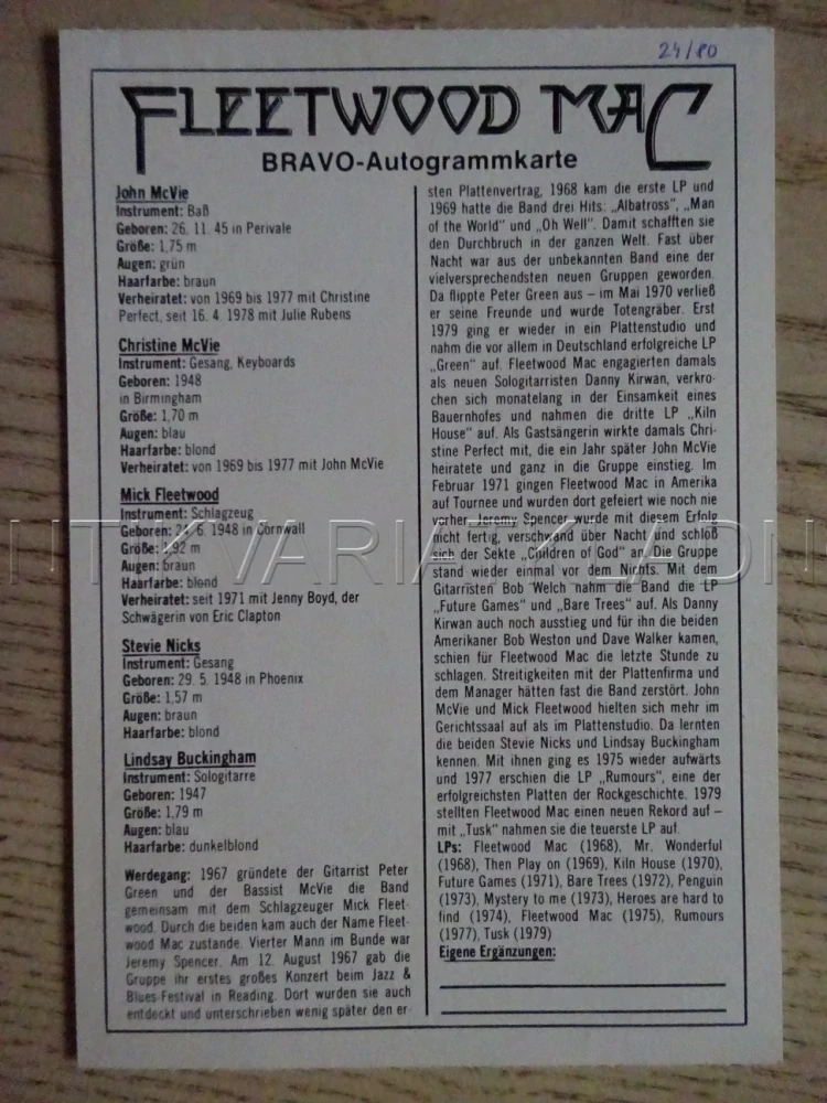 AUTOGRAM FLEETWOOD MAC, KARTIČKA BRAVO