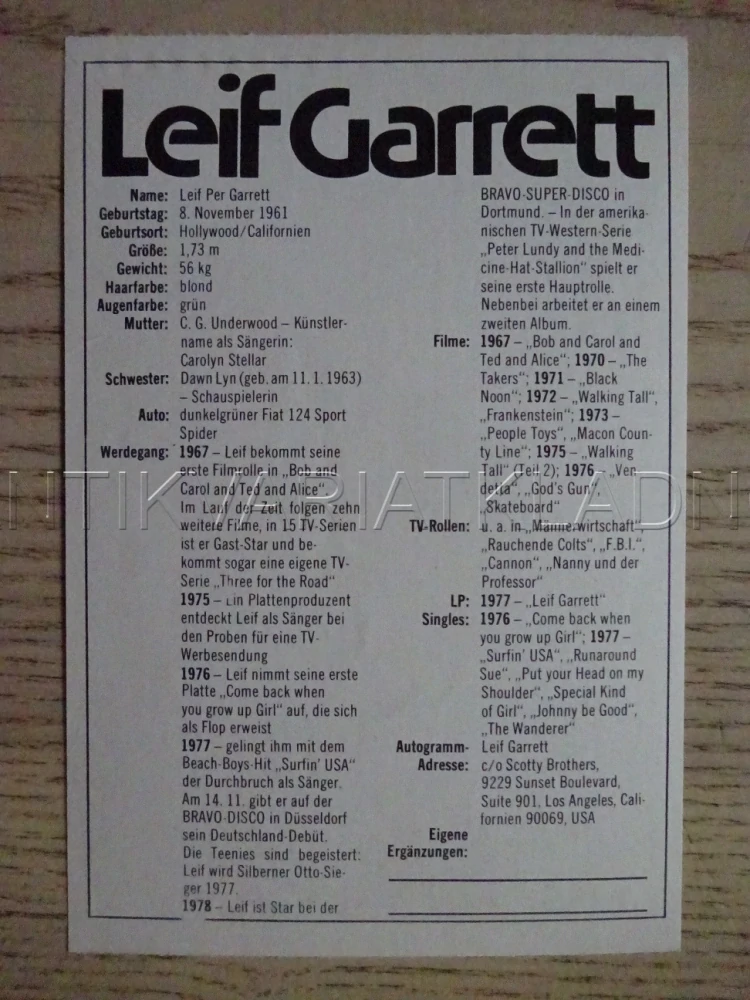 AUTOGRAM GARRETT LEIF, KARTIČKA BRAVO