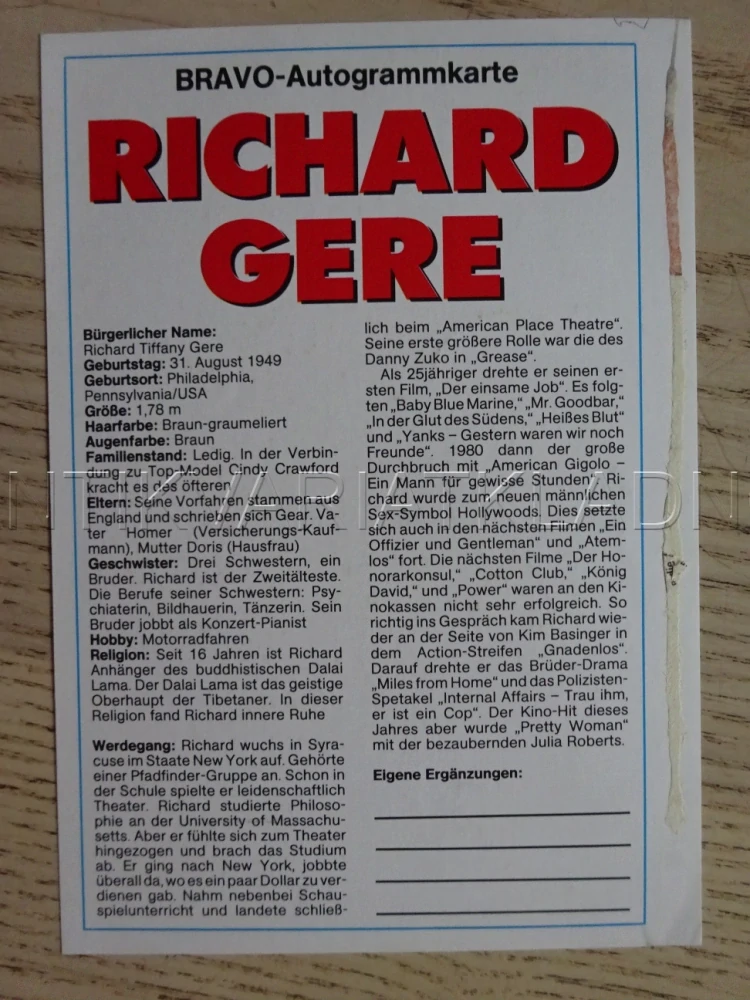 AUTOGRAM GERE RICHARD, KARTIČKA BRAVO
