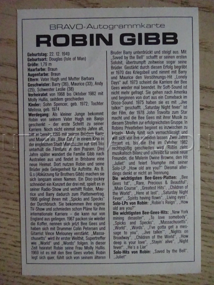 AUTOGRAM GIBB ROBIN, KARTIČKA BRAVO