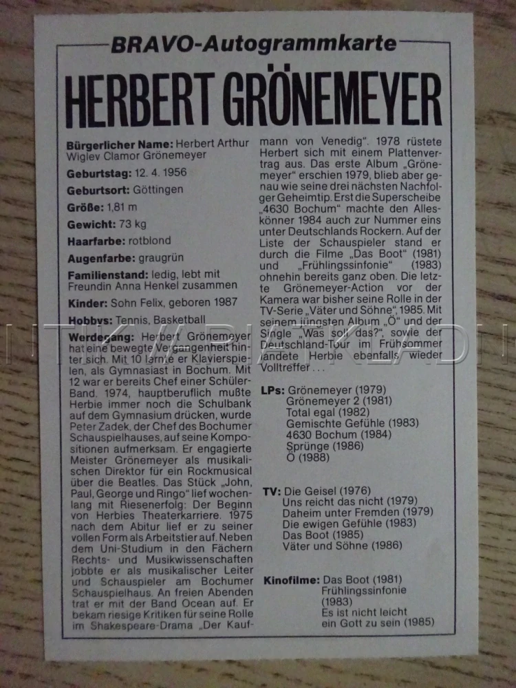 AUTOGRAM GRÖNEMEYER HERBERT, KARTIČKA BRAVO