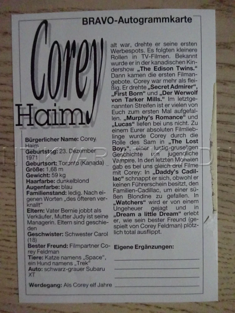 AUTOGRAM HAIM COREY, KARTIČKA BRAVO