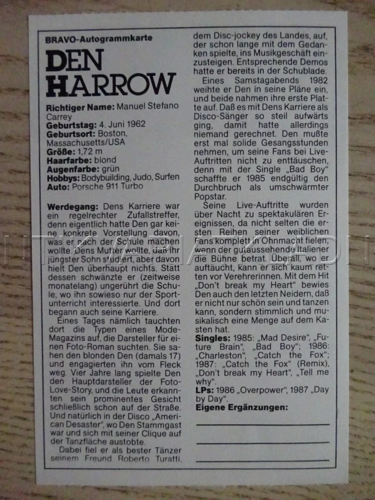 AUTOGRAM HARROW DEN, KARTIČKA BRAVO