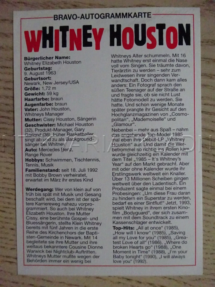 AUTOGRAM HOUSTON WHITNEY, KARTIČKA BRAVO