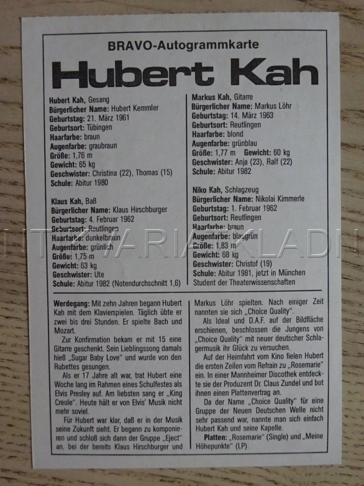 AUTOGRAM HUBERT KAH, KARTIČKA BRAVO