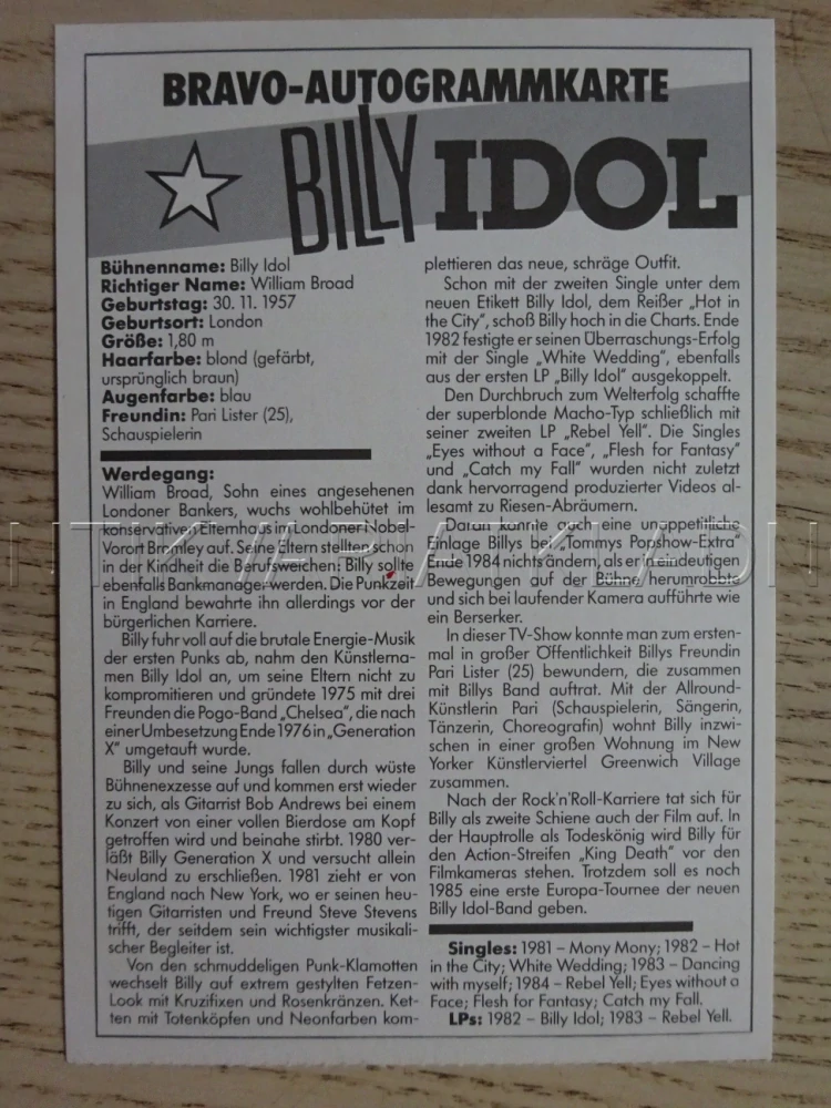 AUTOGRAM IDOL BILLY, KARTIČKA BRAVO
