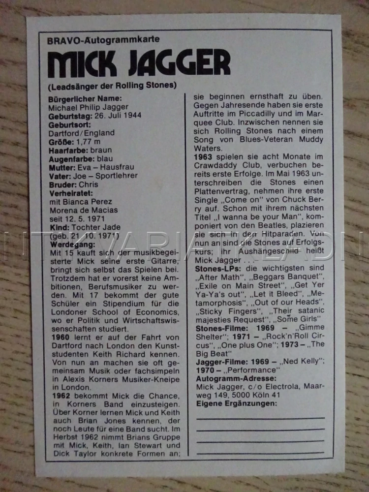AUTOGRAM JAGGER MICK, KARTIČKA BRAVO