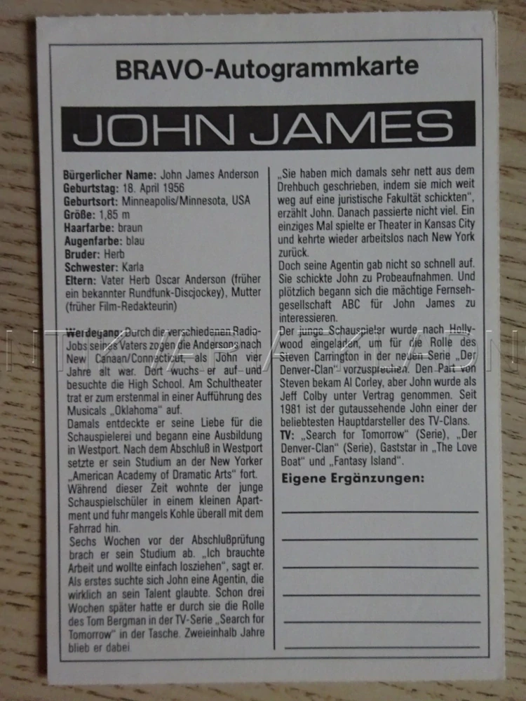 AUTOGRAM JAMES JOHN, KARTIČKA BRAVO
