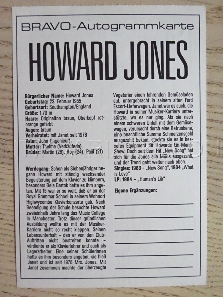 AUTOGRAM JONES HOWARD, KARTIČKA BRAVO