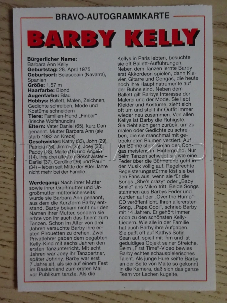 AUTOGRAM KELLY BARBY, KARTIČKA BRAVO