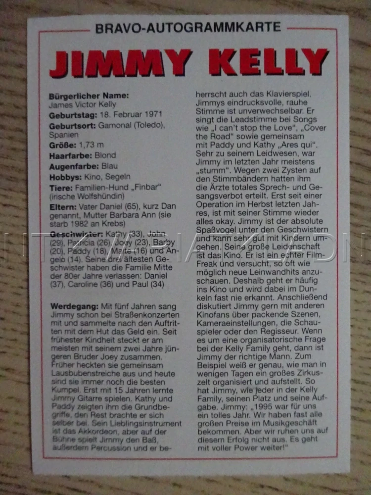 AUTOGRAM KELLY JIMMY, KARTIČKA BRAVO