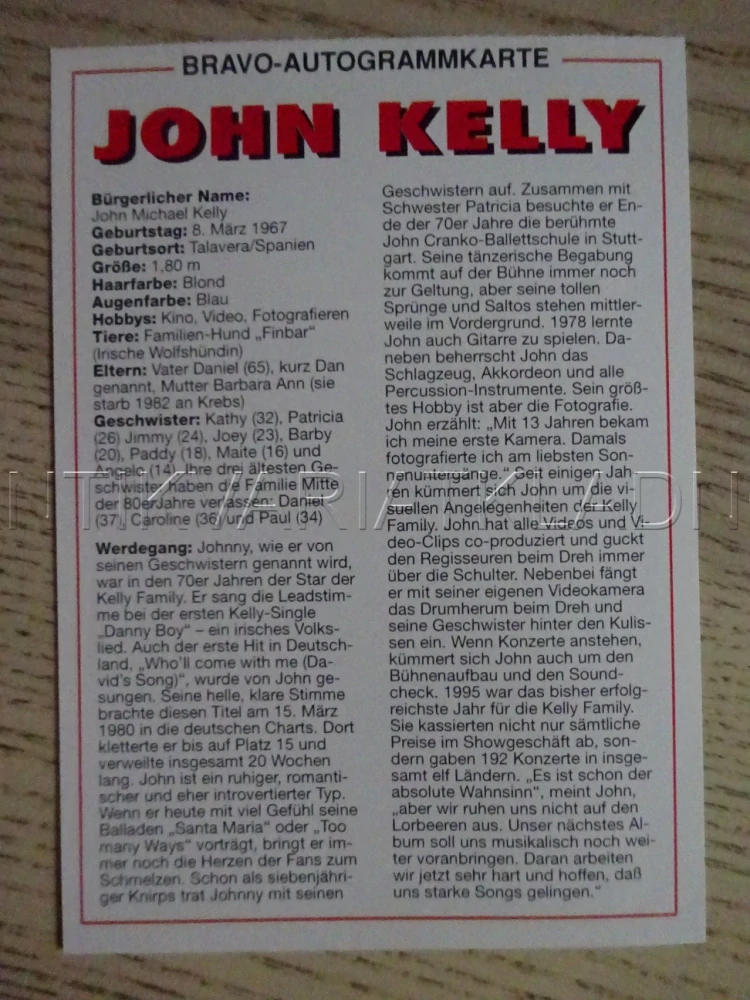 AUTOGRAM KELLY JOHN, KARTIČKA BRAVO