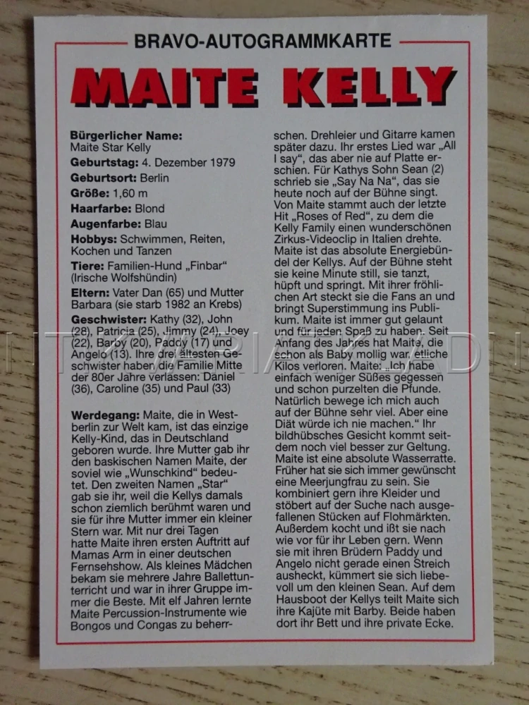 AUTOGRAM KELLY MAITE, KARTIČKA BRAVO