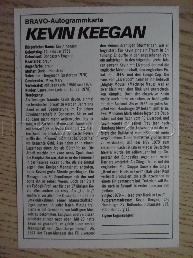 AUTOGRAM KEEGAN KEVIN, KARTIČKA BRAVO
