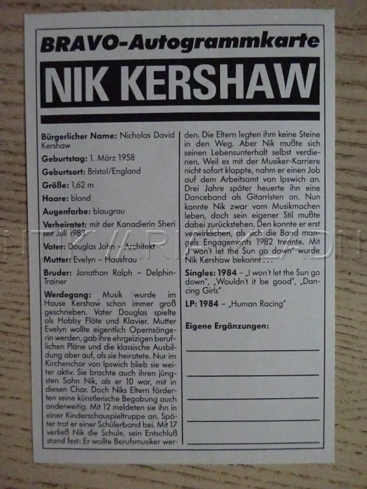 AUTOGRAM KERSHAW NIK, KARTIČKA BRAVO
