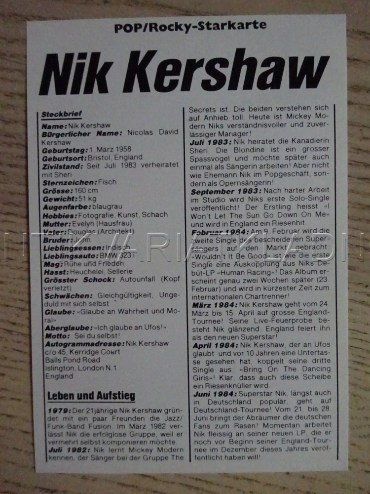 AUTOGRAM KERSHAW NIK, KARTIČKA BRAVO