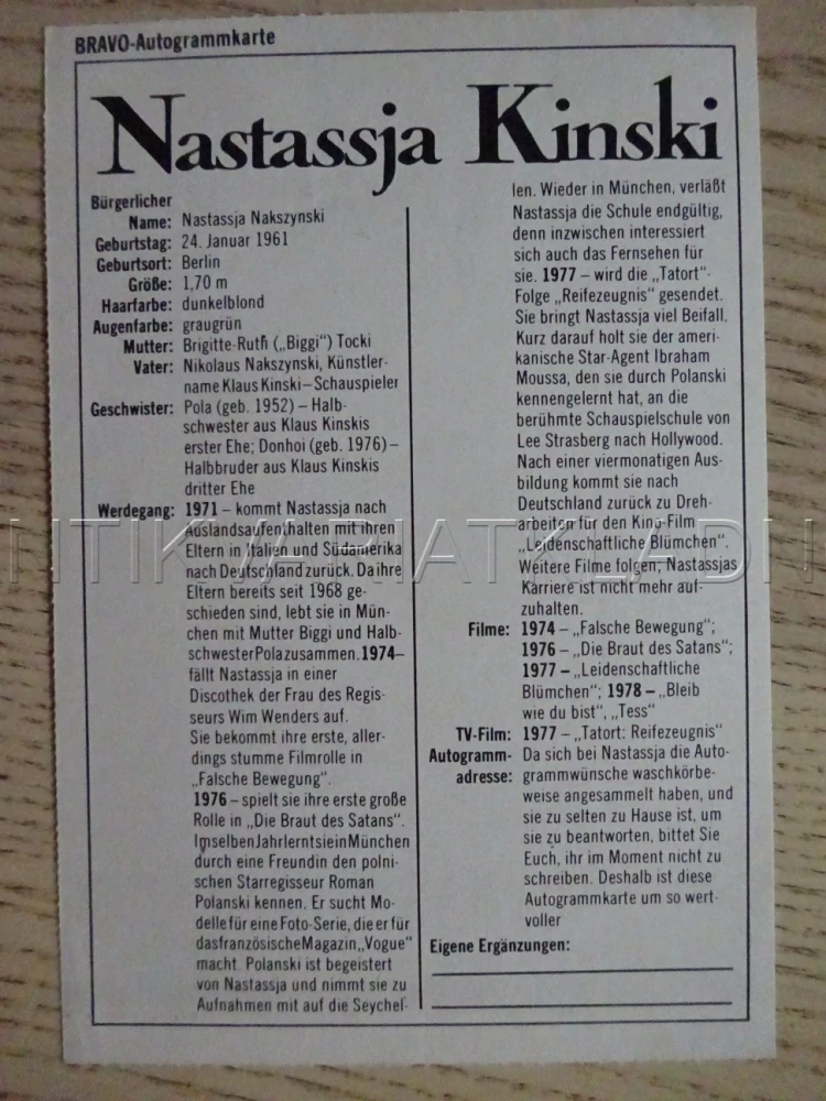 AUTOGRAM KINSKI NASTASSJA, KARTIČKA BRAVO