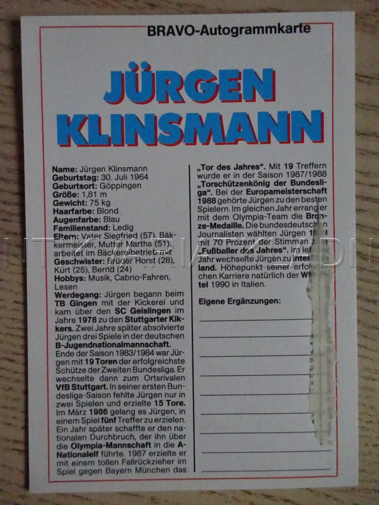 AUTOGRAM KLISMANN JÜRGEN, KARTIČKA BRAVO