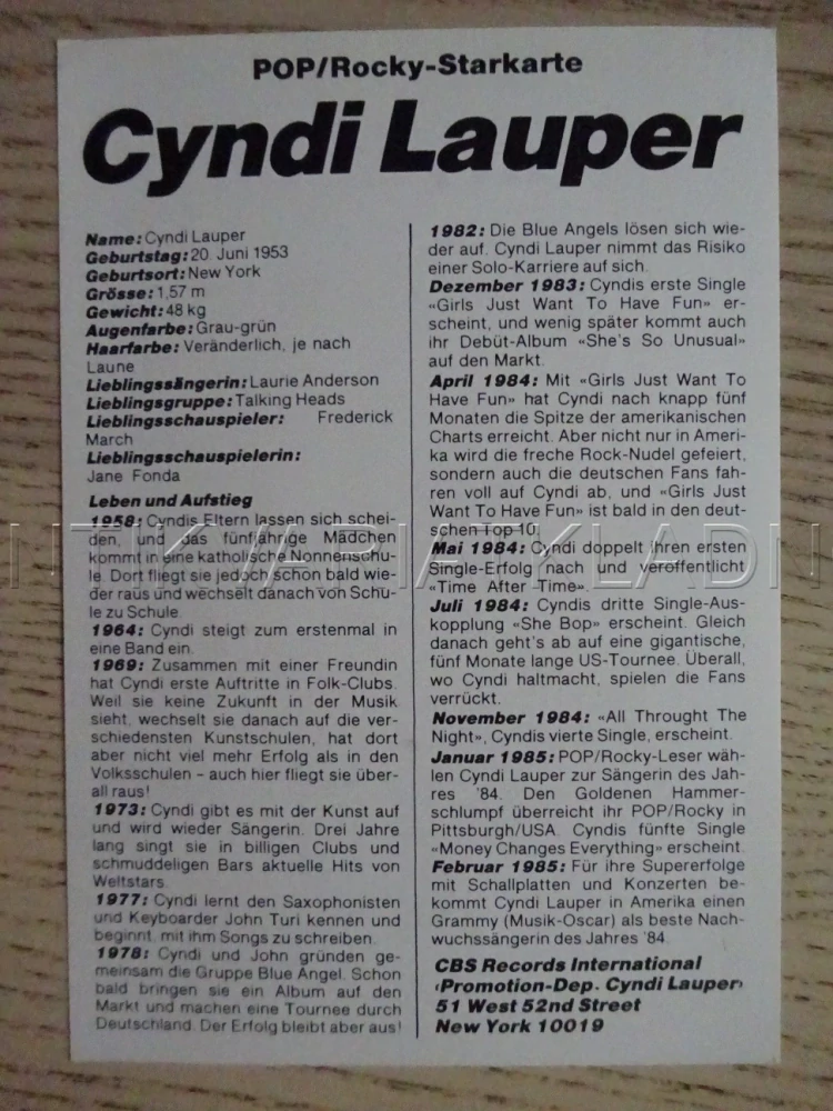 AUTOGRAM LAUPER CYNDI, KARTIČKA BRAVO