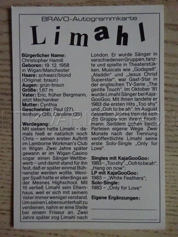 AUTOGRAM LIMAHI, KARTIČKA BRAVO