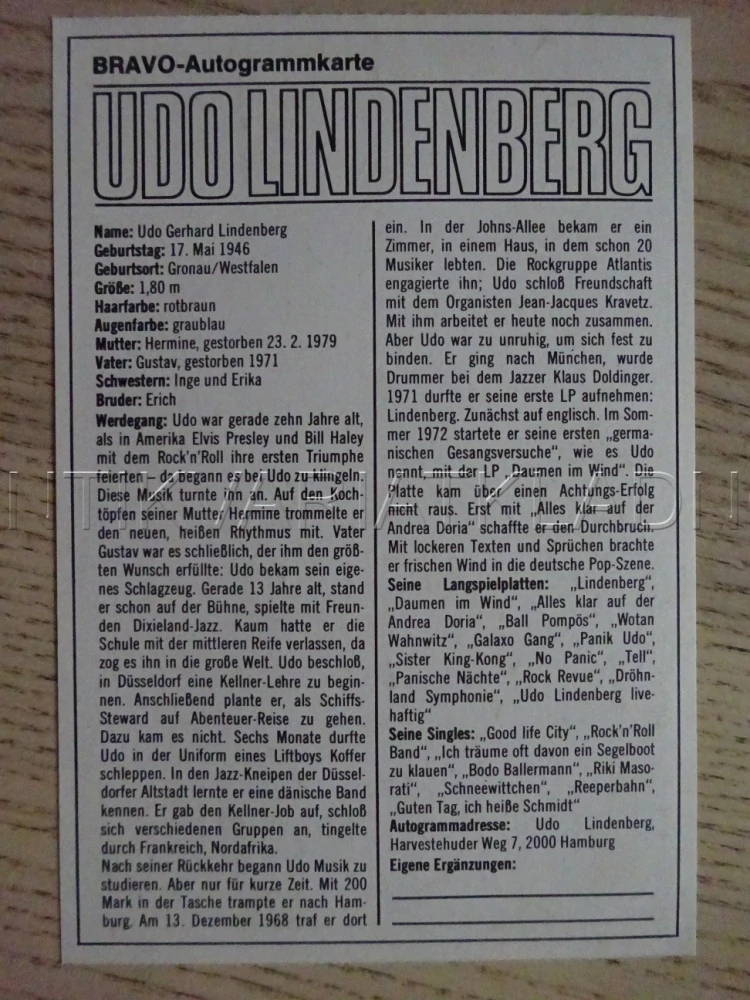 AUTOGRAM LINDENBERG UDO, KARTIČKA BRAVO