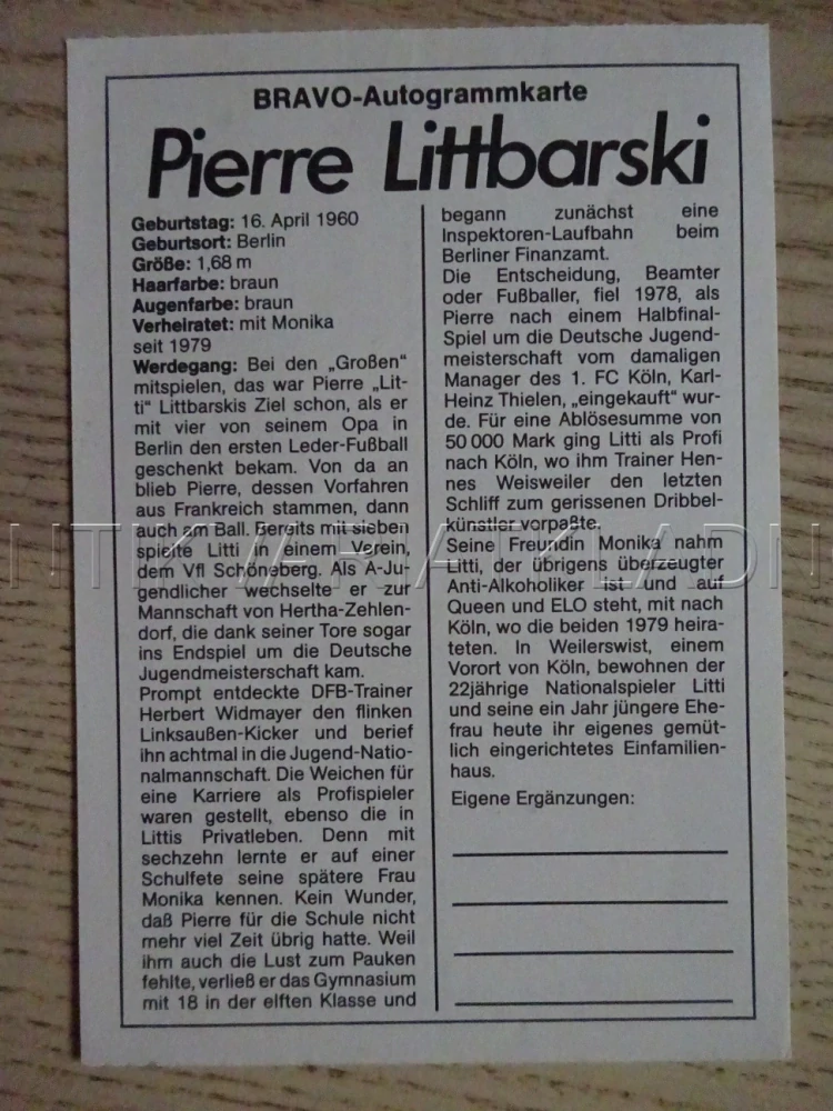 AUTOGRAM LITTBARSKI PIERRE, KARTIČKA BRAVO