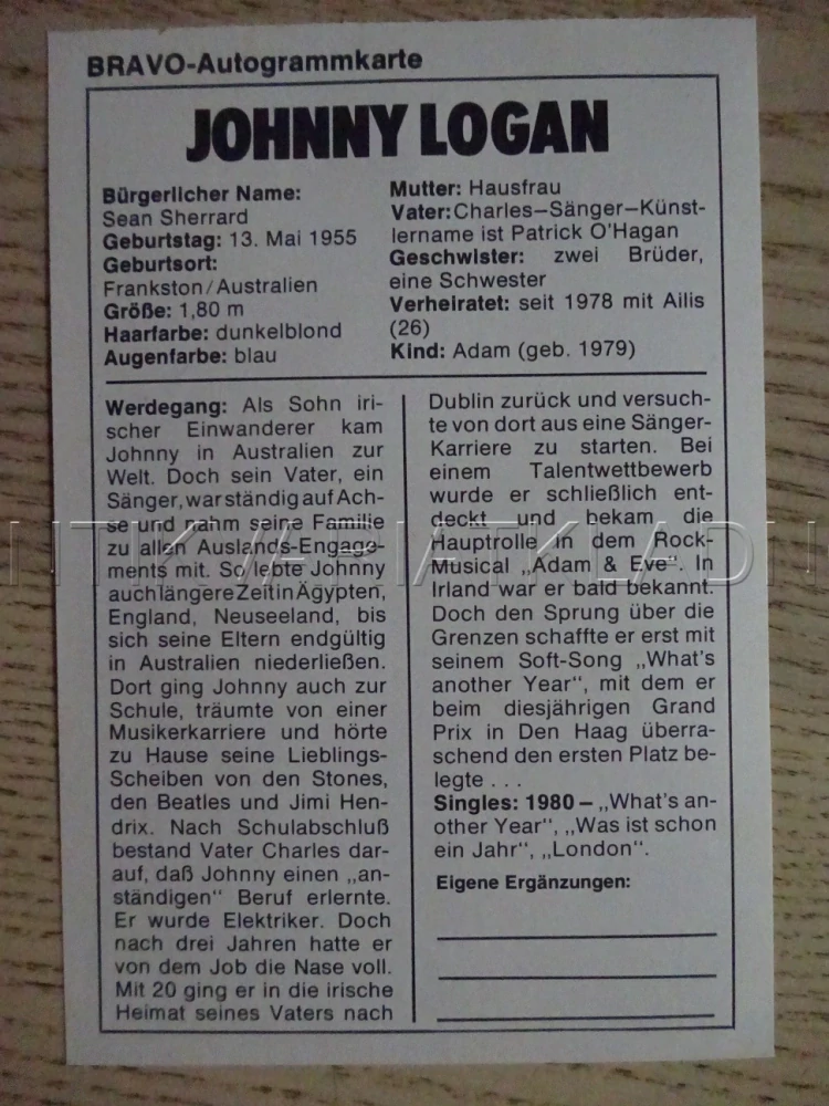 AUTOGRAM LOGAN JOHNNY, KARTIČKA BRAVO
