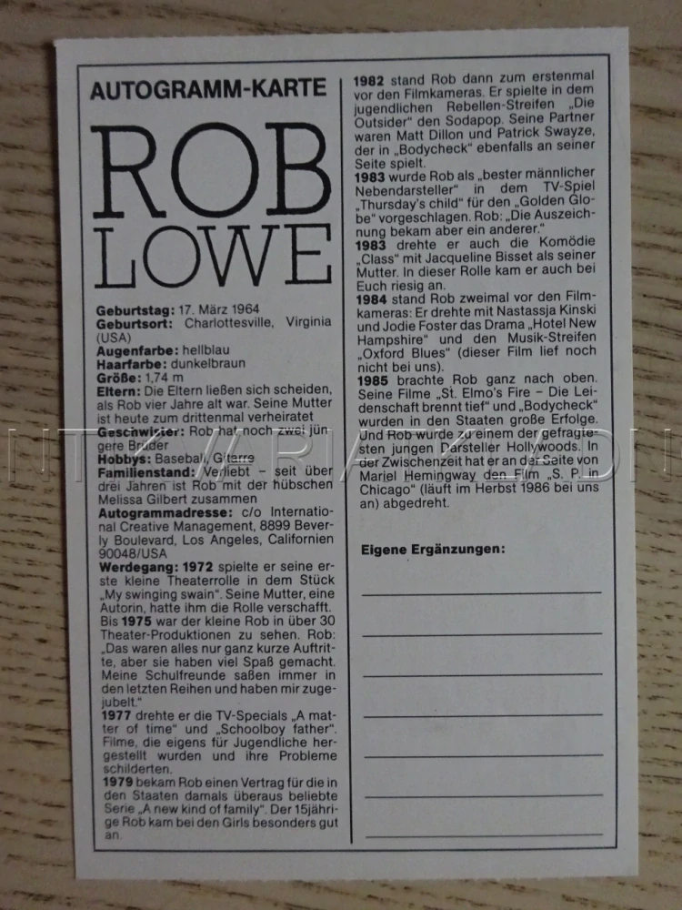 AUTOGRAM LOWE ROB, KARTIČKA BRAVO