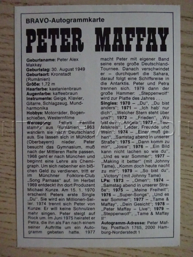 AUTOGRAM MAFFAY PETER, KARTIČKA BRAVO